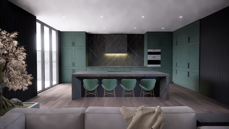 A sleek, contemporary kitchen features matte green cabinetry, a large black marble island with matching backsplash, and modern green barstools, all viewed from a cozy neutral-toned living space.