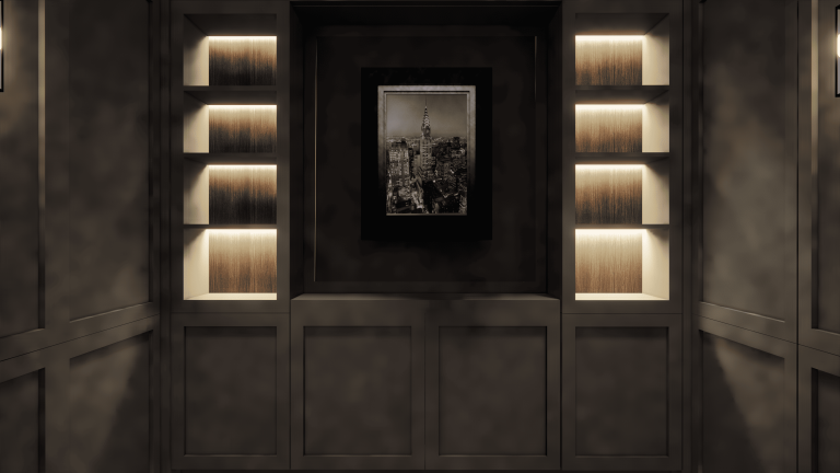 A moody, sophisticated hallway design that features dark wood paneling, built-in shelves with soft backlighting, and a black-and-white cityscape photograph framed at the center.